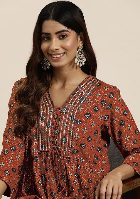 Rust Women Embroidered Tunic With Trousers