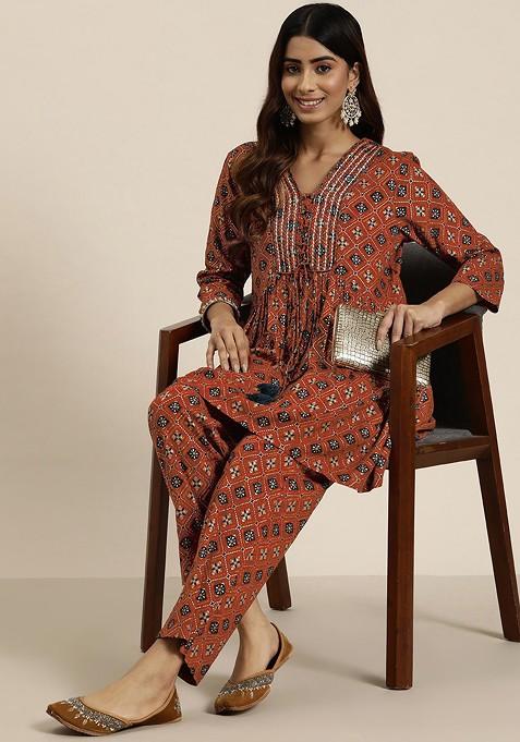Rust Women Embroidered Tunic With Trousers