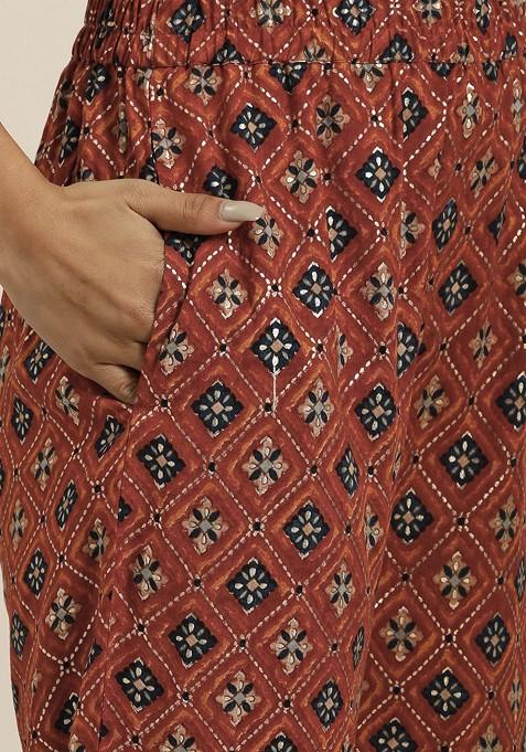Rust Women Embroidered Tunic With Trousers