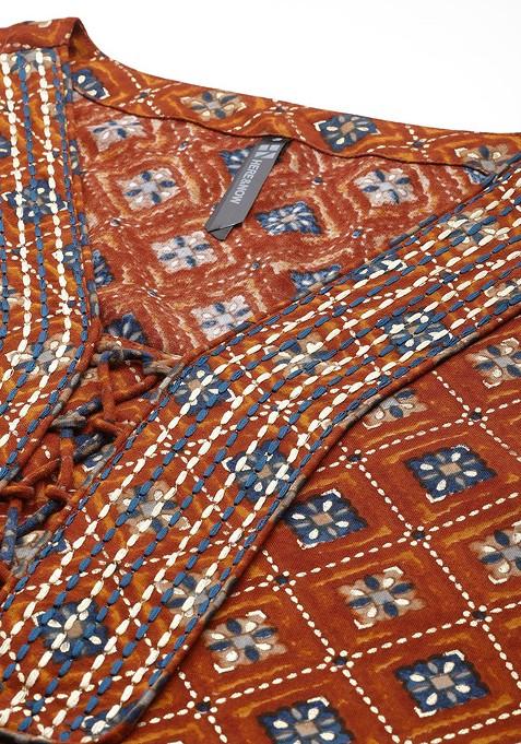 Rust Women Embroidered Tunic With Trousers