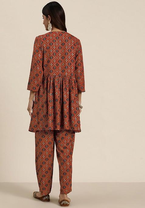 Rust Women Embroidered Tunic With Trousers