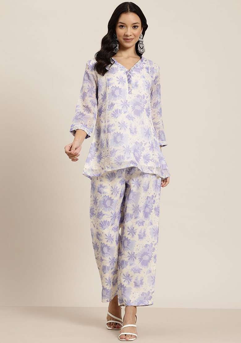 Blue Floral Print Tunic And Palazzos - Indya