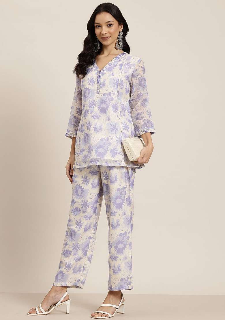 Blue Floral Print Tunic And Palazzos - Indya