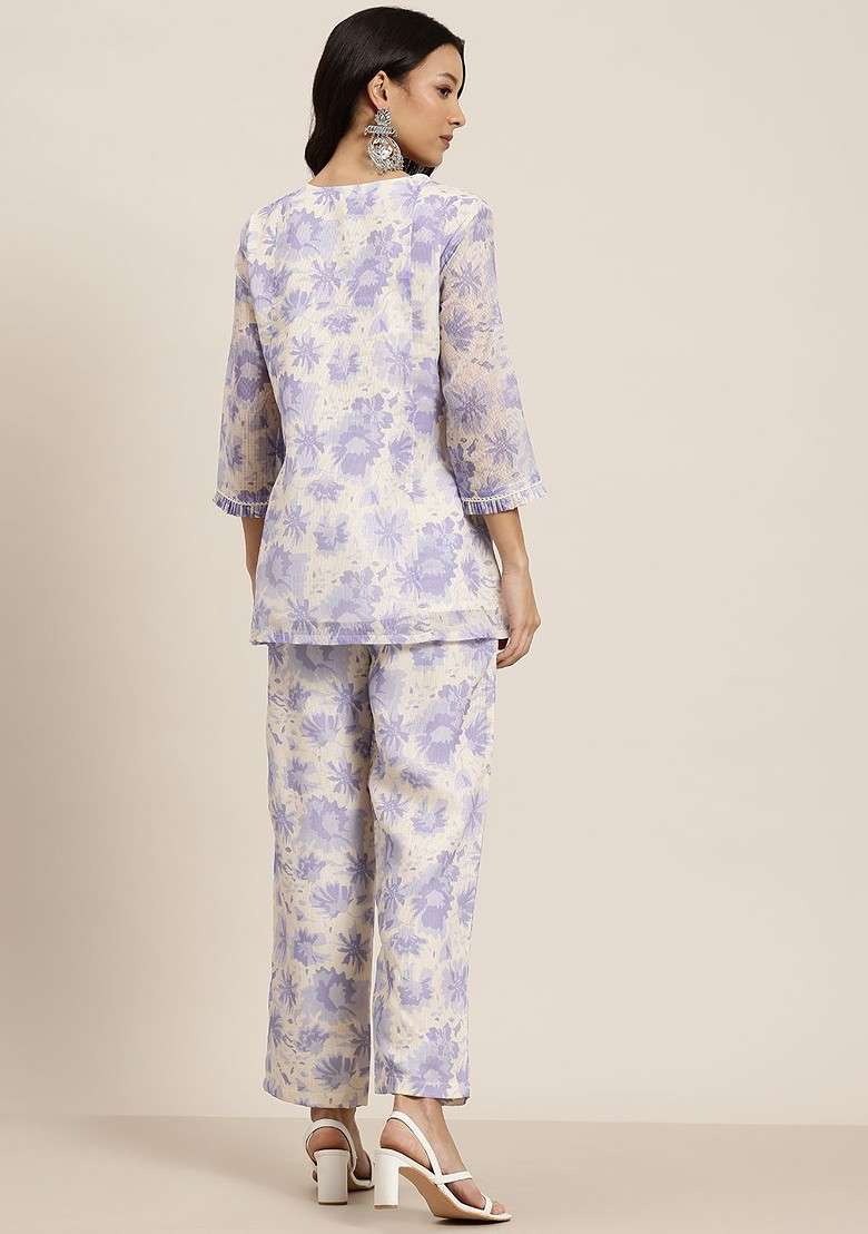 Blue Floral Print Tunic And Palazzos - Indya