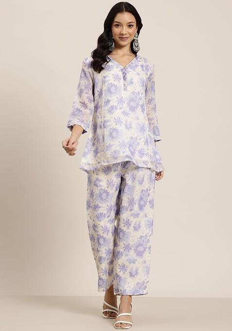 Blue Floral Print Tunic And Palazzos
