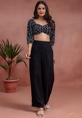 Black Embroidered Cotton Straight Fit Schiffli Crop Top With Palazzo Coords