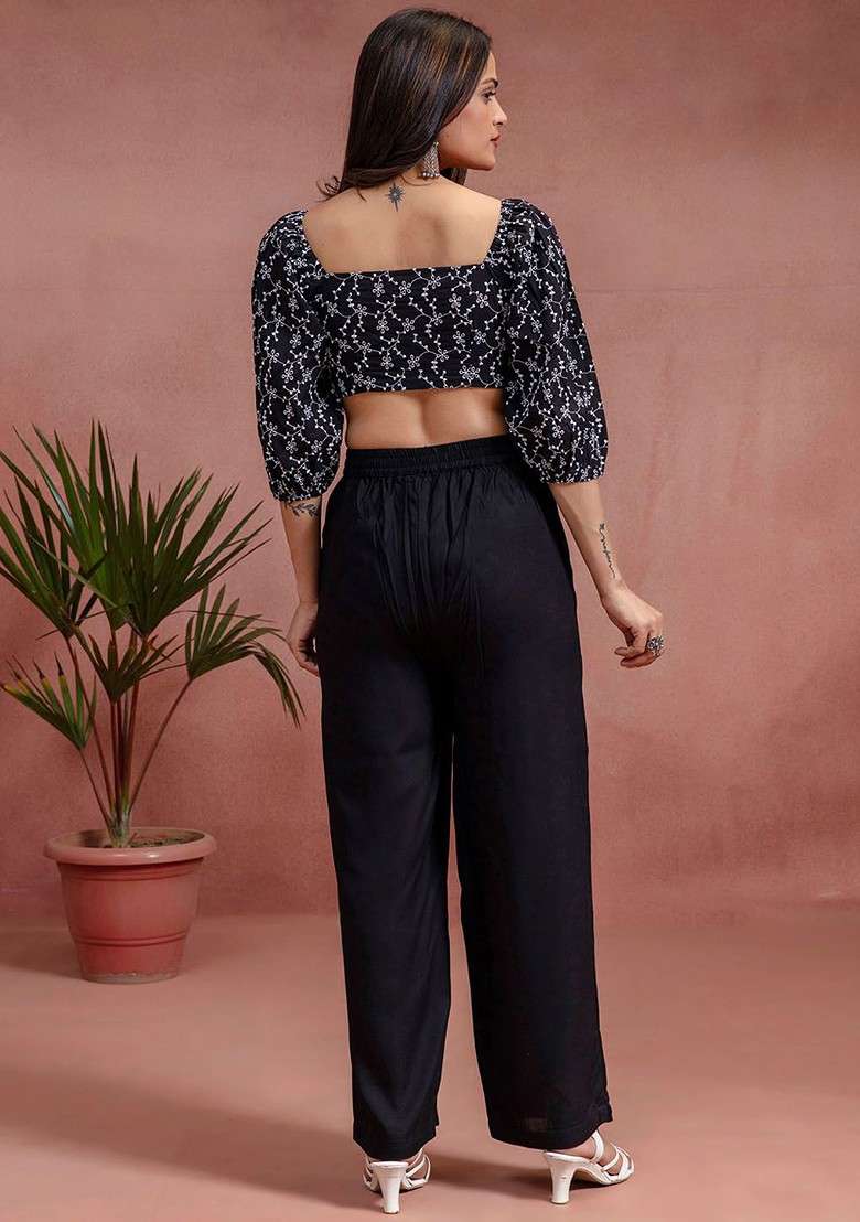 Black Embroidered Cotton Straight Fit Schiffli Crop Top With Palazzo Coords - Indya