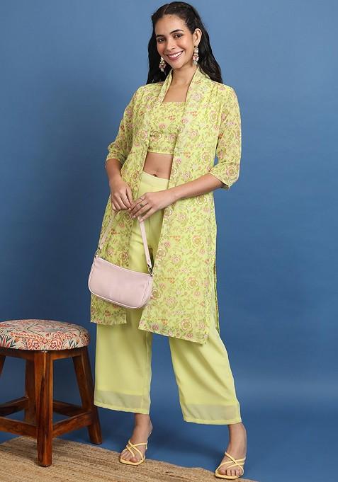 Lime Green Lime Green Printed Crop Top And Jacket With Palazzos — view on Indya
