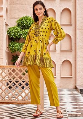 Yellow Embroidered Rayon Silk Coords
