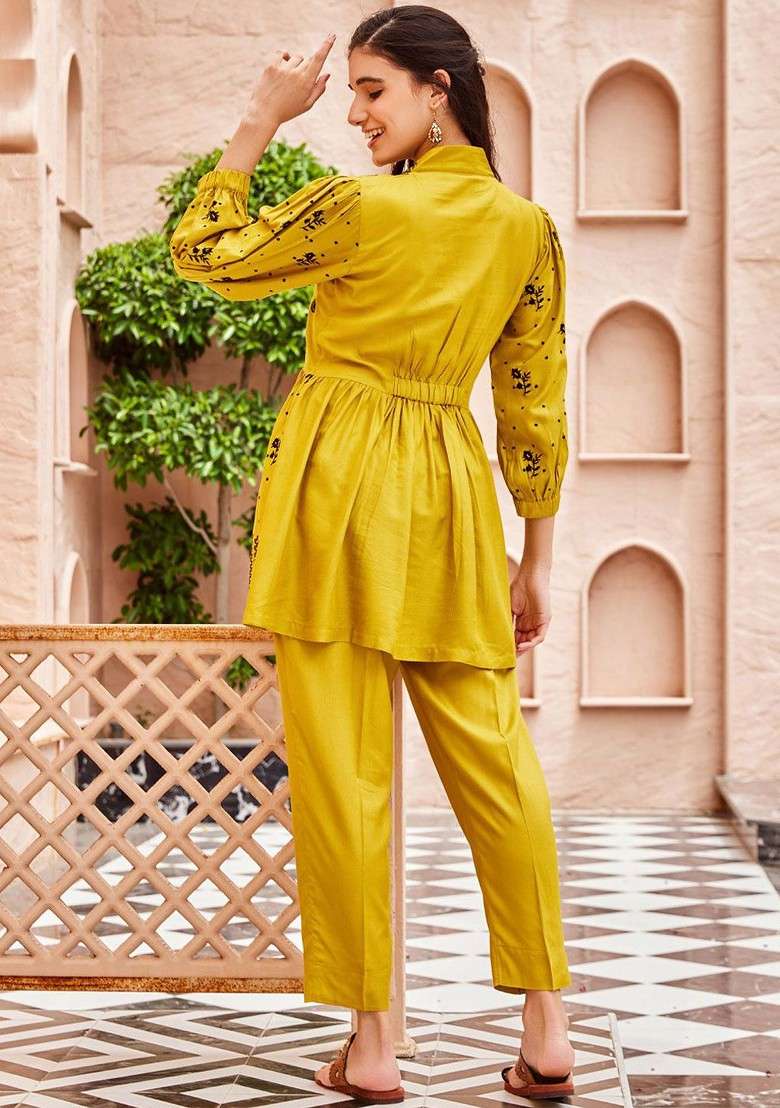 Yellow Embroidered Rayon Silk Coords - Indya