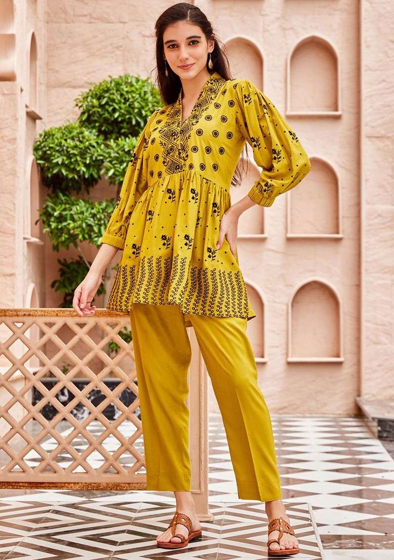 Yellow Embroidered Rayon Silk Coords - Indya