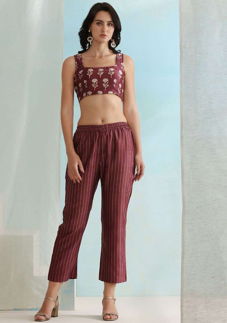 Maroon Floral Printed Croppedtop With Trouser And Jacket Coords - Indya