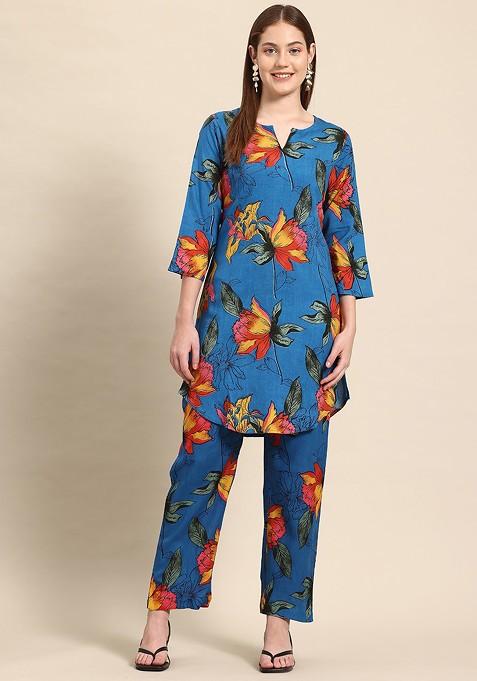Blue Casual Floral Printed Tunic With Trousers