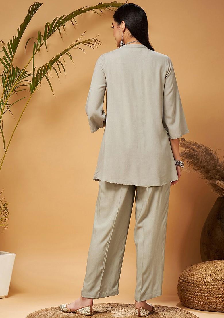 Taupe Taupe Embroidered Tunic With Palazzos