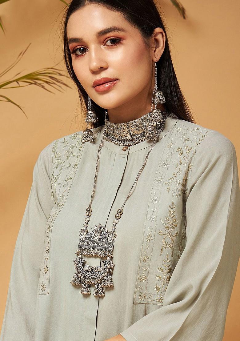 Taupe Taupe Embroidered Tunic With Palazzos