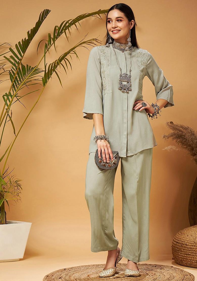 Taupe Taupe Embroidered Tunic With Palazzos