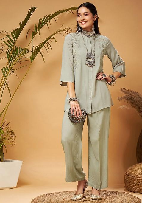 Taupe Taupe Embroidered Tunic With Palazzos