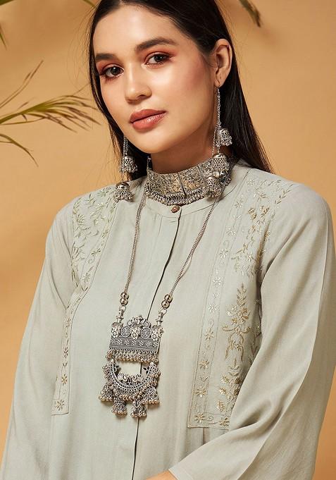 Taupe Taupe Embroidered Tunic With Palazzos
