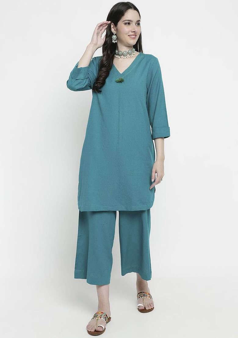 Blue Vneck Pure Cotton Top With Palazzos - Indya