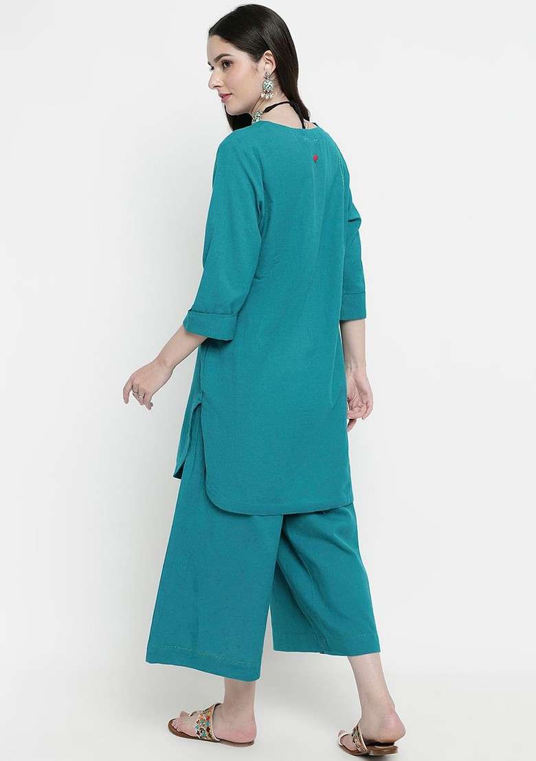 Blue Vneck Pure Cotton Top With Palazzos - Indya