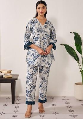 Blue Floral Printed Flared Sleeves Coords