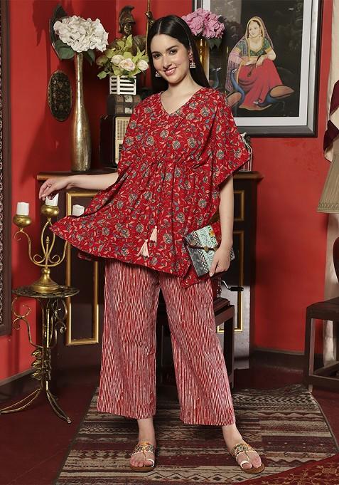 Red Floral Printed Kaftan Coord Set — view on Indya