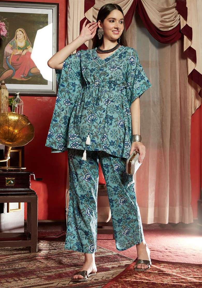 Blue Printed Ethnic Pure Cotton Kaftan Top With Trousers - Indya