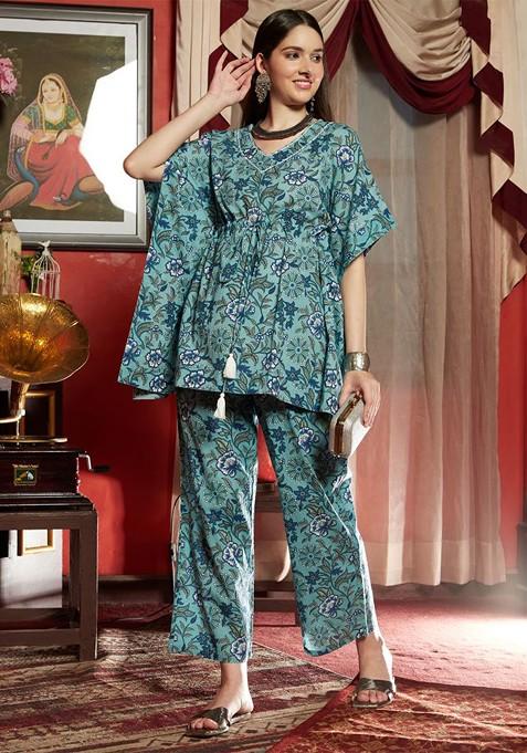 Blue Printed Ethnic Pure Cotton Kaftan Top With Trousers