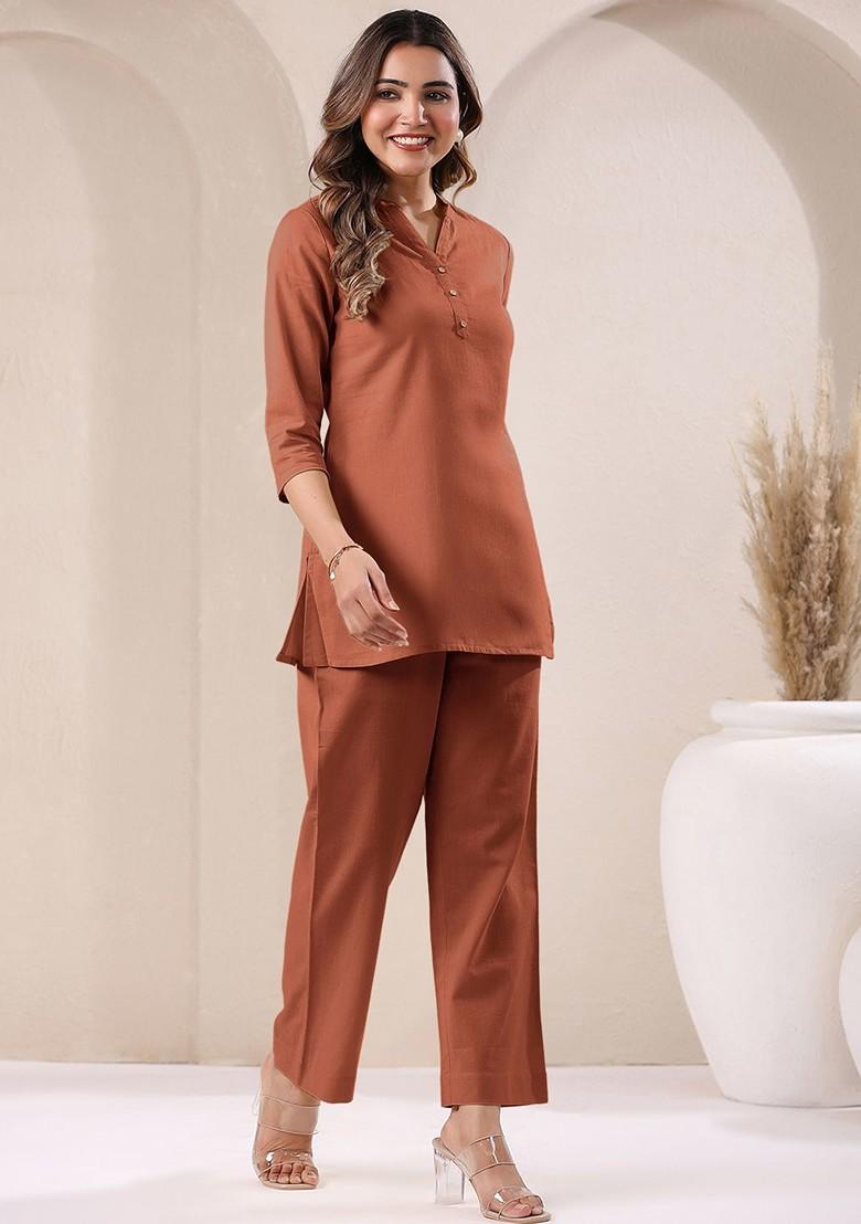 Rust Pure Cotton V Neck Tunic And Trousers Coords