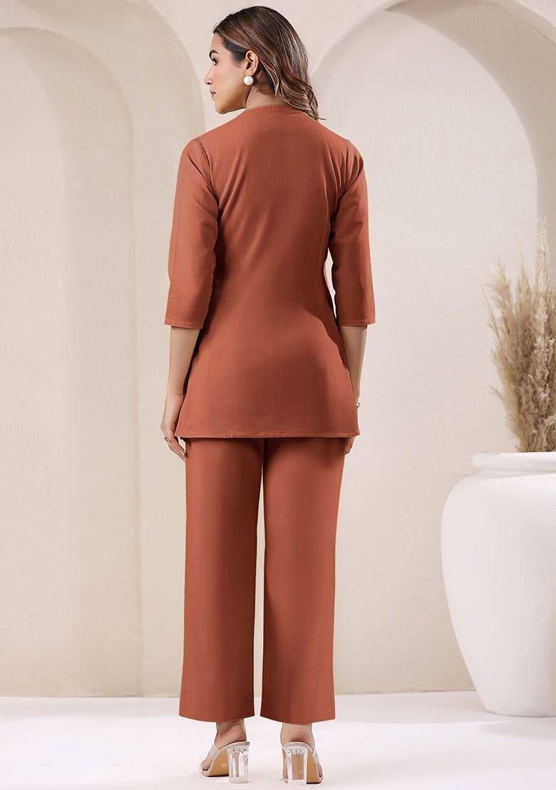 Rust Pure Cotton V Neck Tunic And Trousers Coords
