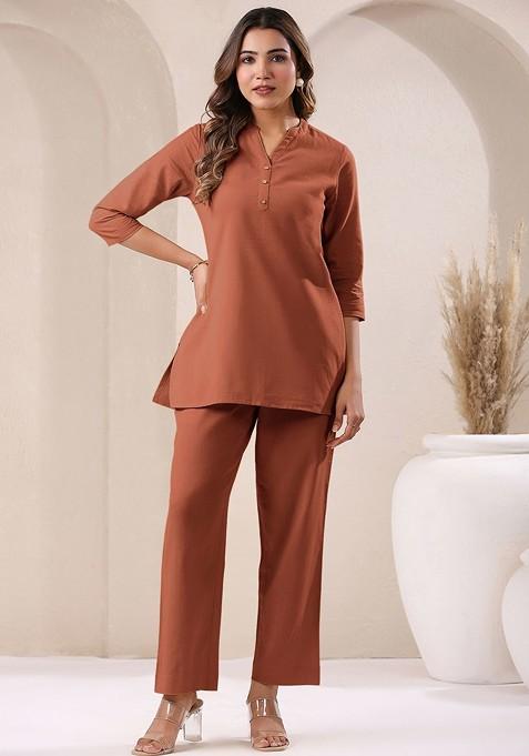 Rust Pure Cotton V Neck Tunic And Trousers Coords