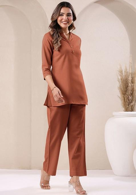 Rust Pure Cotton V Neck Tunic And Trousers Coords