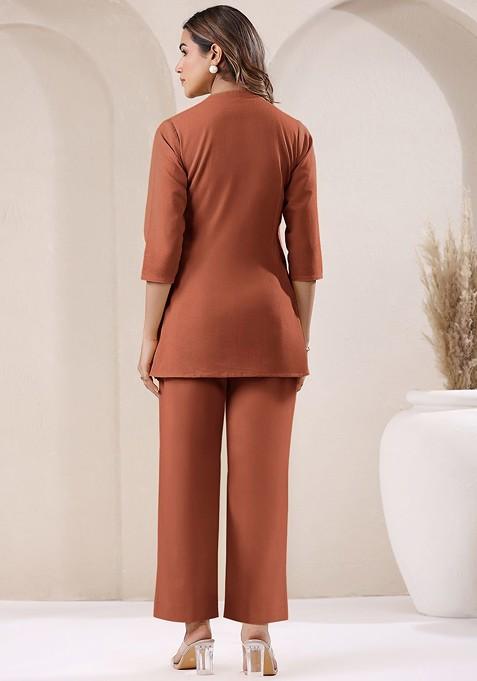 Rust Pure Cotton V Neck Tunic And Trousers Coords