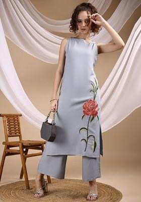 Blue Embroidered Sleeveless Top With Palazzos Coords
