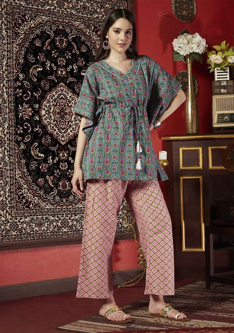 Blue Printed Ethnic Pure Cotton Kaftan Top With Trousers - Indya