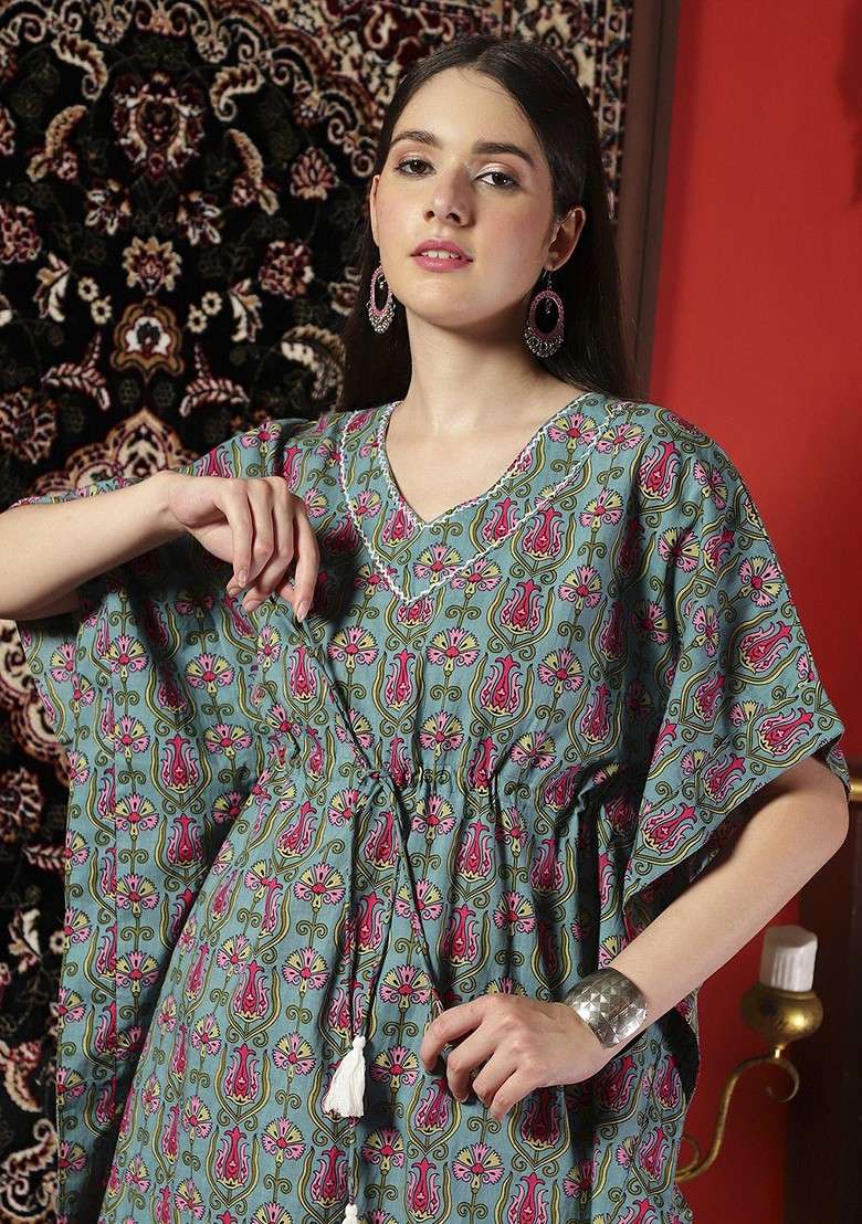 Blue Printed Ethnic Pure Cotton Kaftan Top With Trousers - Indya