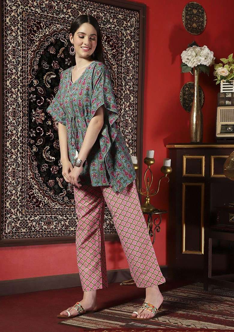 Blue Printed Ethnic Pure Cotton Kaftan Top With Trousers - Indya