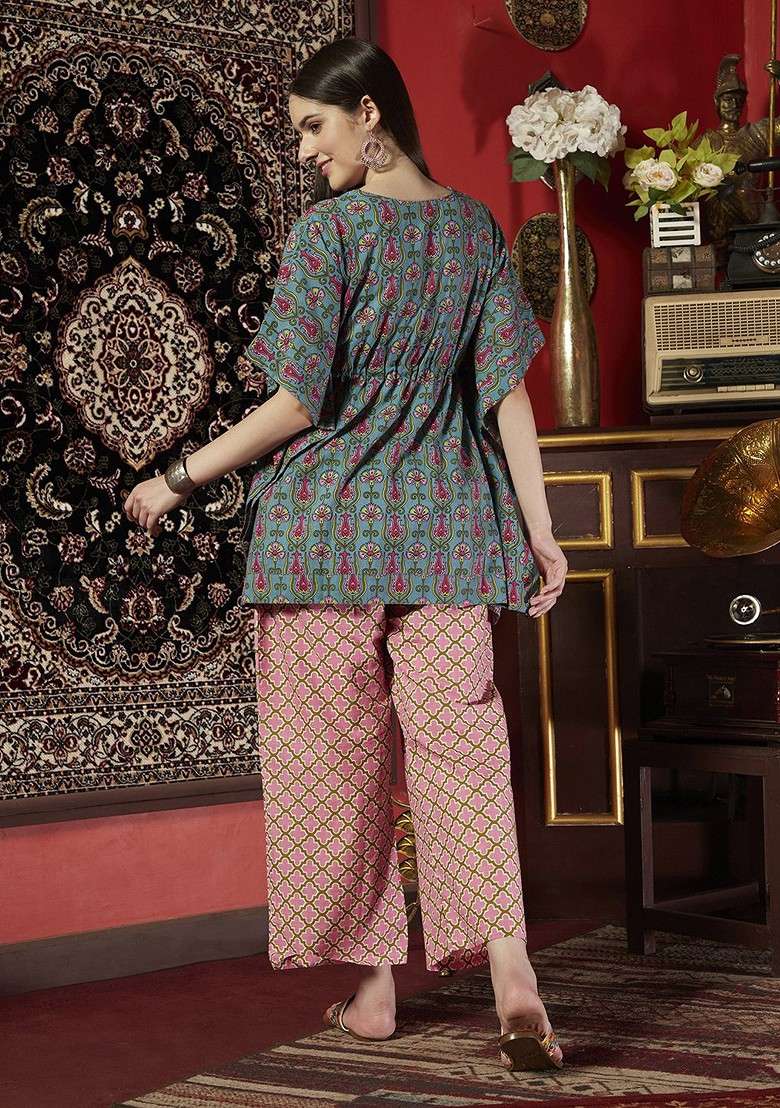 Blue Printed Ethnic Pure Cotton Kaftan Top With Trousers - Indya