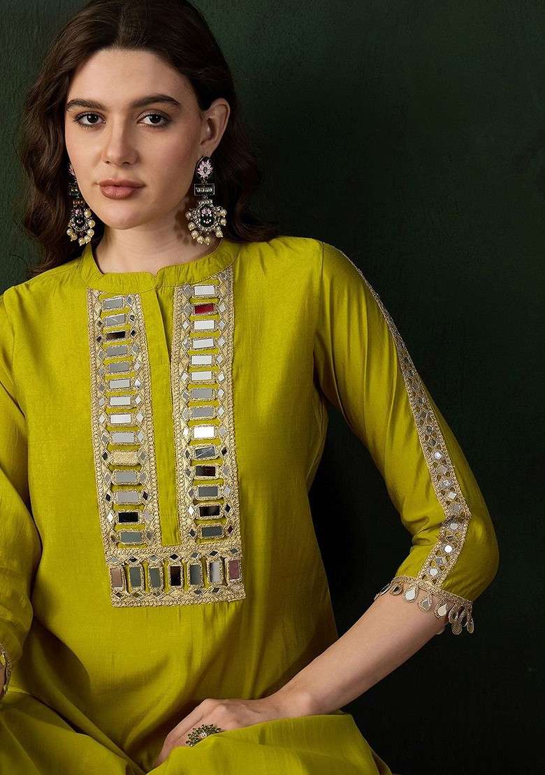 Yellow Embellished Mirror Work Roman Silk Tunic With Dhoti Pant - Indya