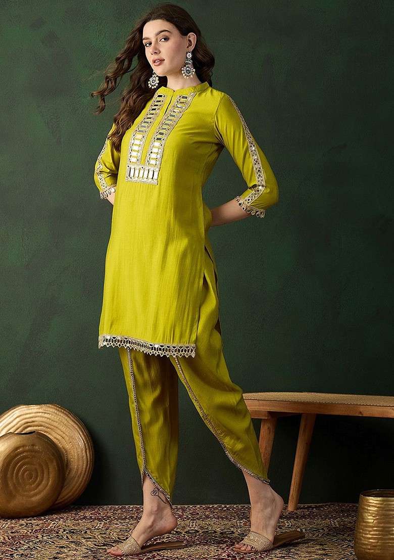 Yellow Embellished Mirror Work Roman Silk Tunic With Dhoti Pant - Indya
