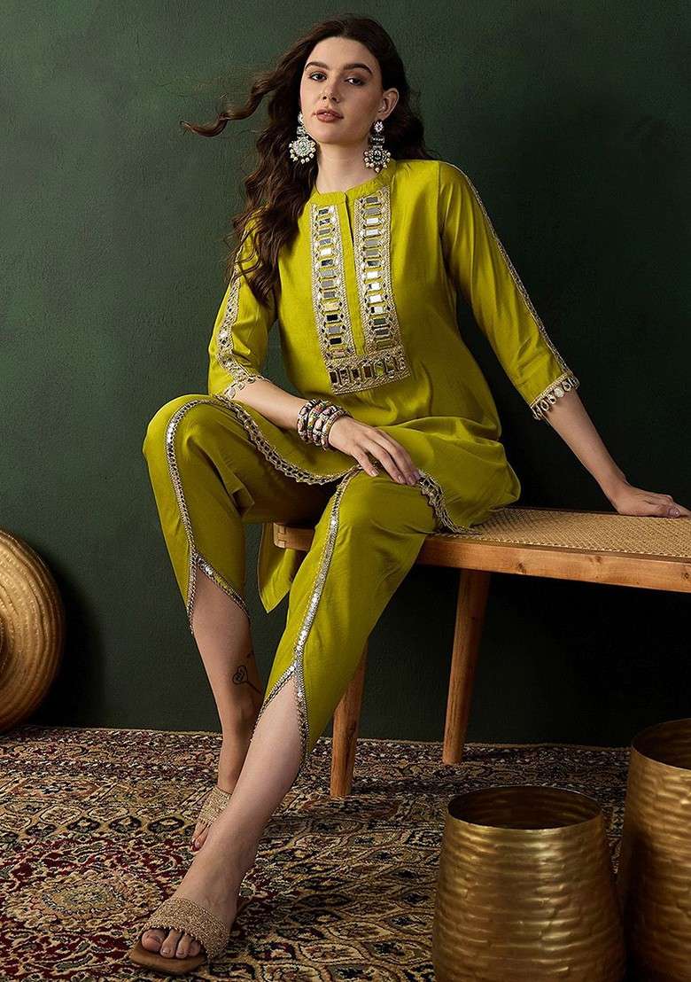 Yellow Embellished Mirror Work Roman Silk Tunic With Dhoti Pant - Indya