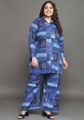 Blue Plus Size Printed Longline Pure Cotton Shirt With Palazzo