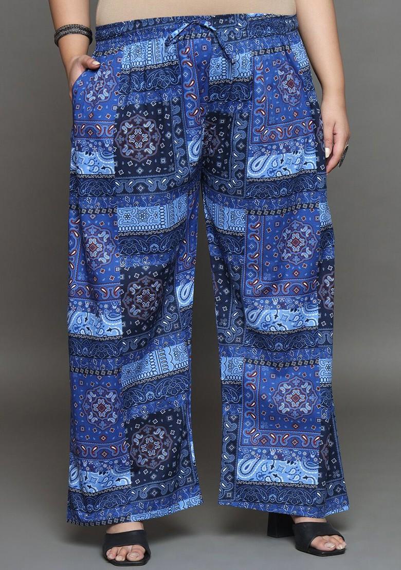 Blue Plus Size Printed Longline Pure Cotton Shirt With Palazzo