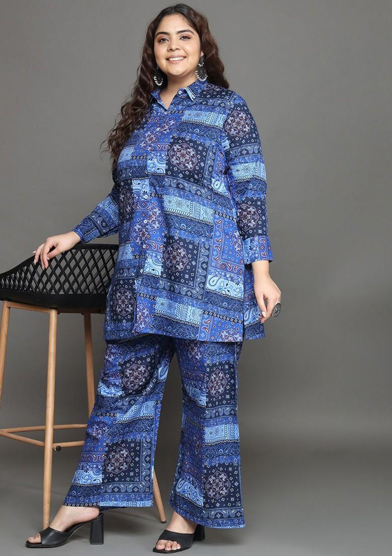 Blue Plus Size Printed Longline Pure Cotton Shirt With Palazzo