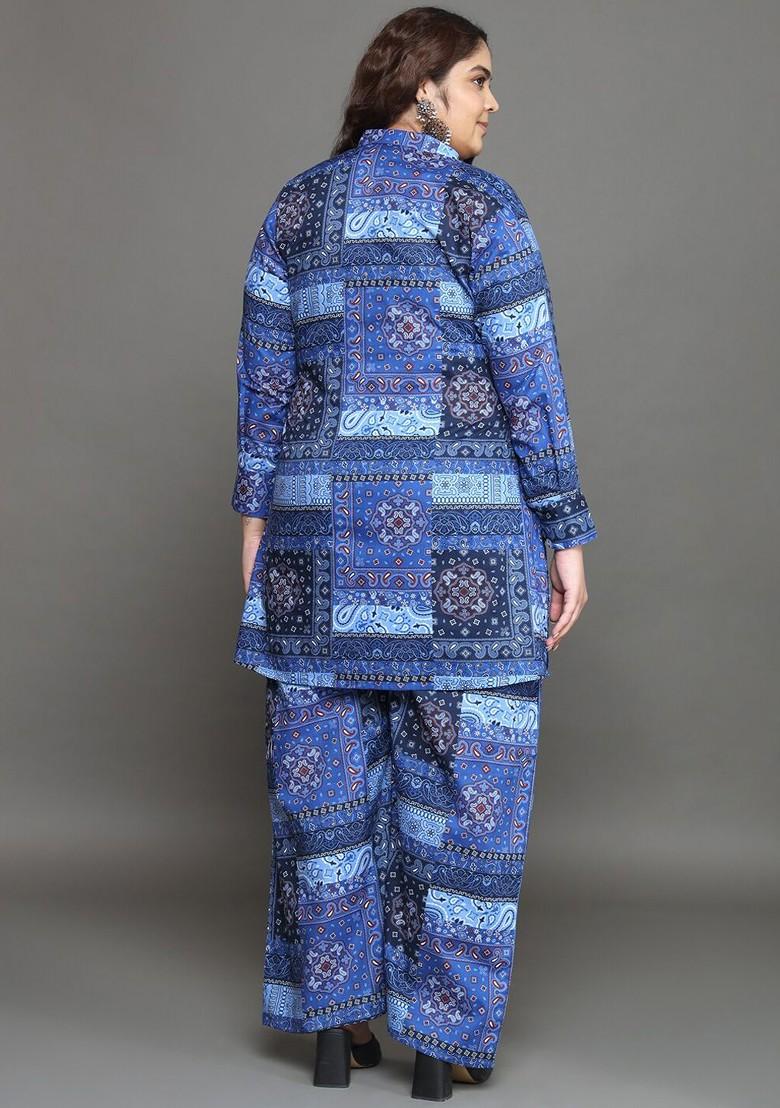 Blue Plus Size Printed Longline Pure Cotton Shirt With Palazzo