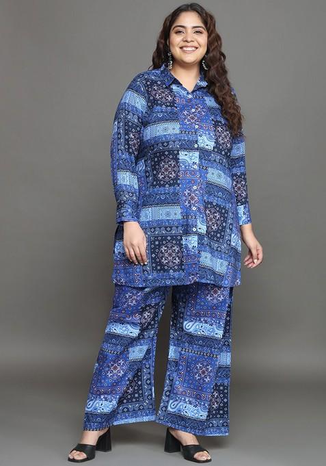 Blue Plus Size Printed Longline Pure Cotton Shirt With Palazzo