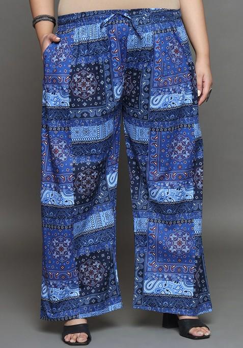 Blue Plus Size Printed Longline Pure Cotton Shirt With Palazzo