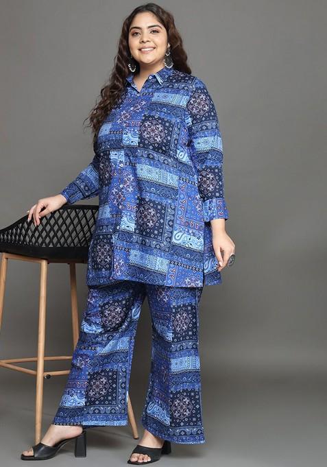 Blue Plus Size Printed Longline Pure Cotton Shirt With Palazzo