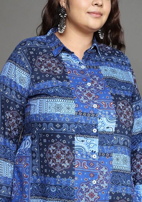 Blue Plus Size Printed Longline Pure Cotton Shirt With Palazzo