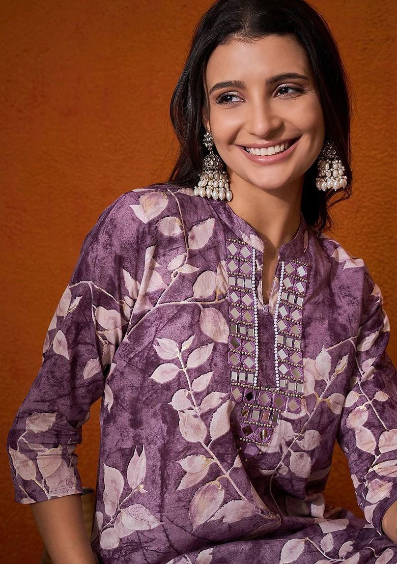 Lavender Printed Tunic With Trouser Coords